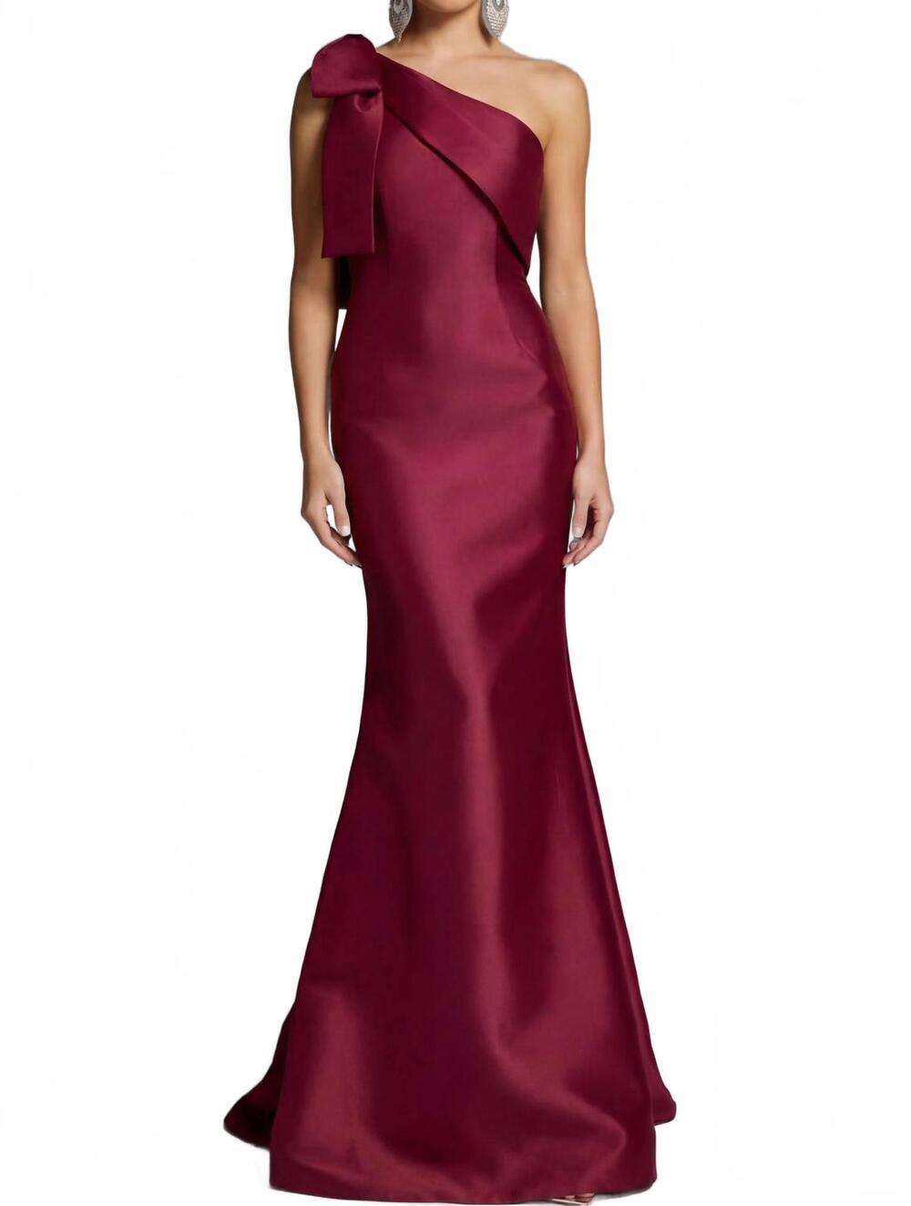 NEW JOVANI one-shoulder mermaid gown with bow detail in burgundy